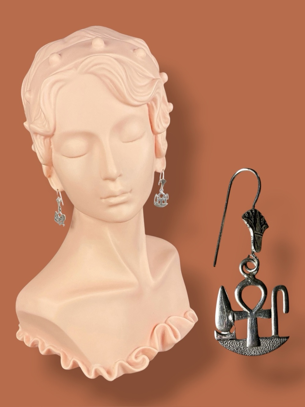 Earrings Silver Tone Egyptian Revival Dangle Hieroglyph Ankh Whimsigoth Boho OS